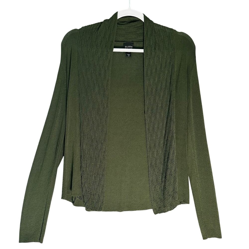 Eileen Fisher Sz XS Dark Green Open Front Cardigan Sweater‎ Lightweight Viscose